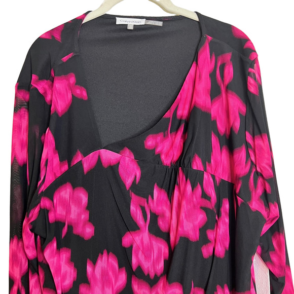Calvin Klein Plus Size 2X Floral Print Mesh Asymmetric V-Neck 3/4 Sleeve Ruched - Picture 3 of 8